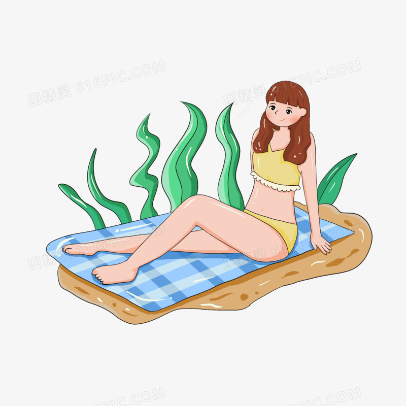 夏日女孩在沙滩晒日光浴人物元素插画