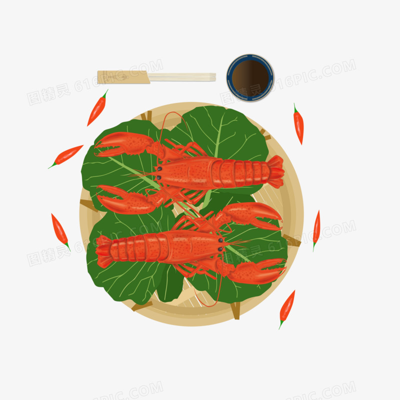 竹编盘上精致摆放的龙虾插画元素