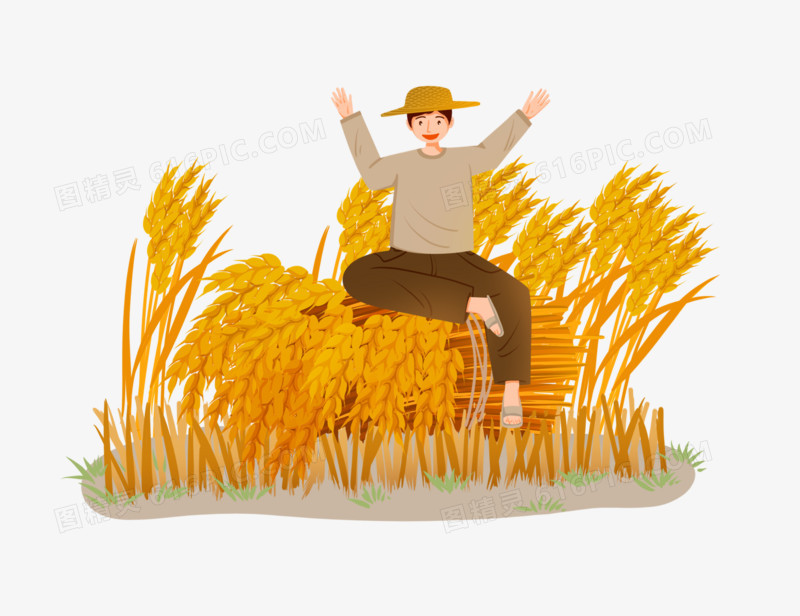 插画风坐在一捆麦子上的农人场景元素