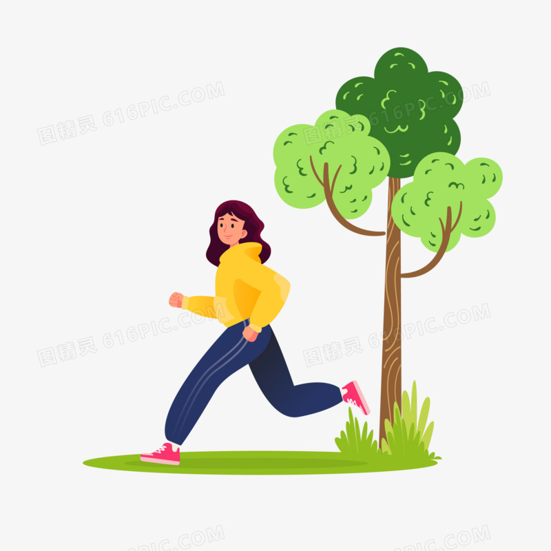 扁平插画风女孩公园跑步锻炼元素