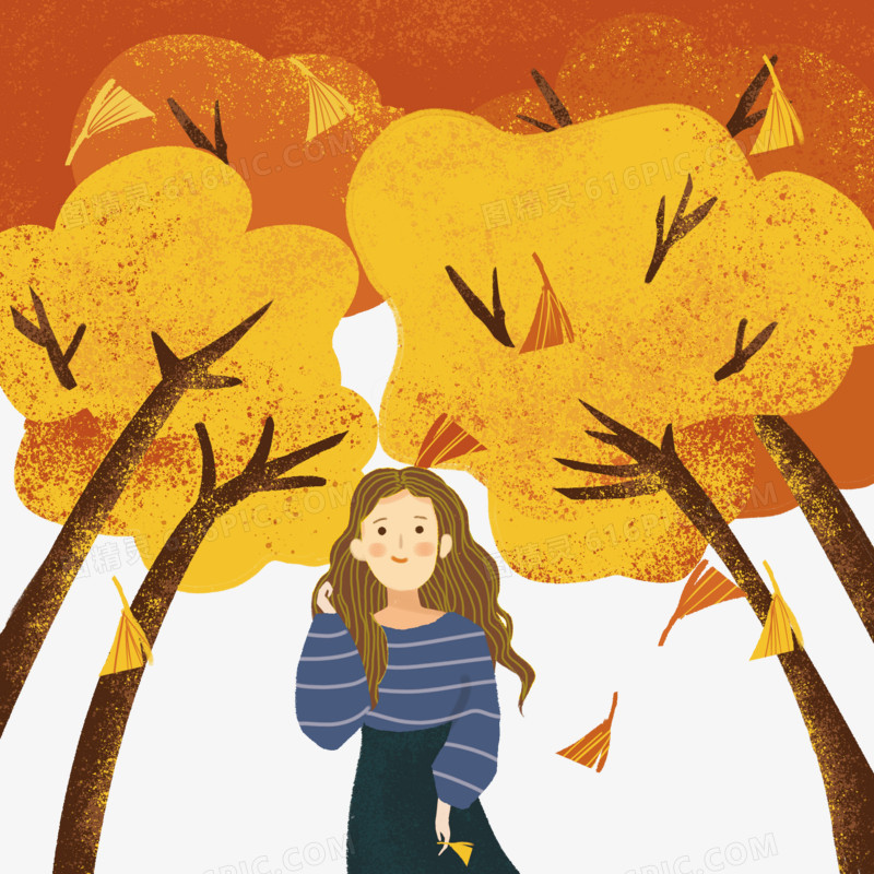 女孩与秋天的落叶插画风元素