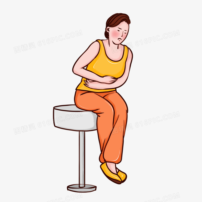 卡通女生坐着肚子疼人物元素