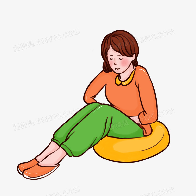 卡通女生坐着肚子疼人物元素