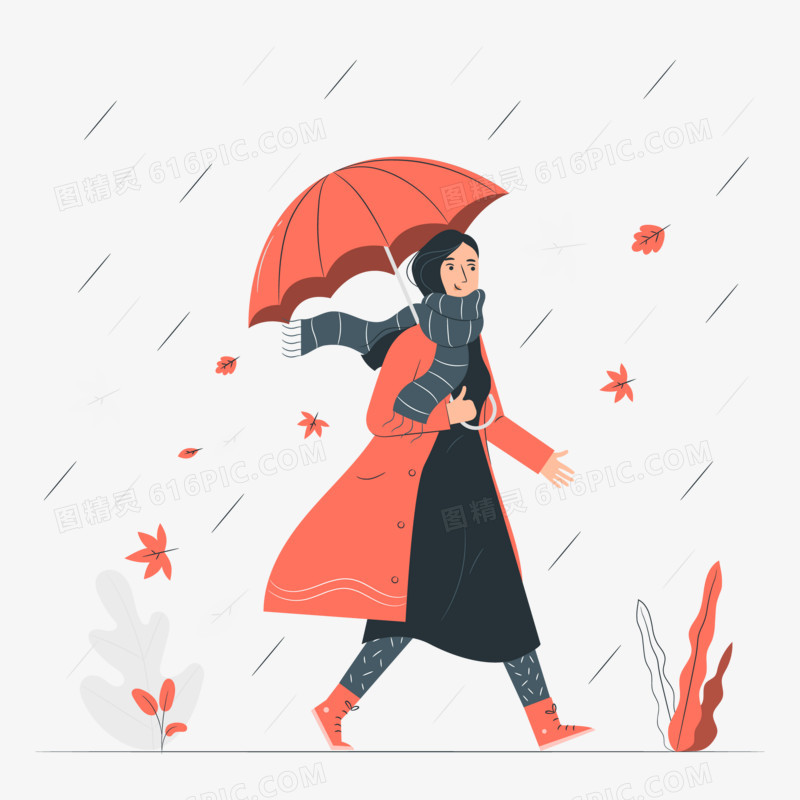下雨女生打伞欣赏落叶插画元素