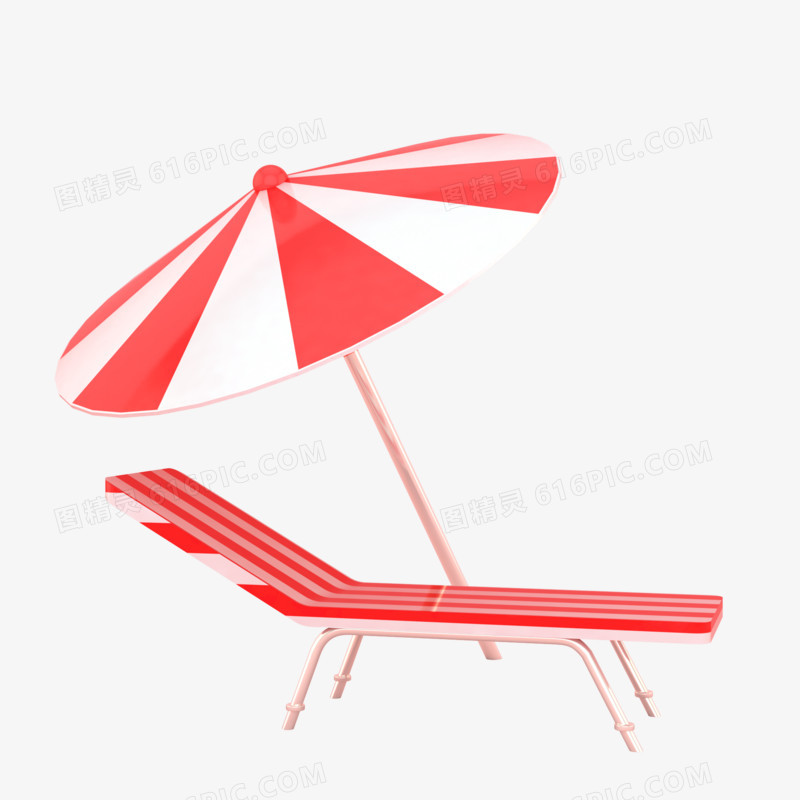 红色简约C4D立体创意太阳伞躺椅装饰
