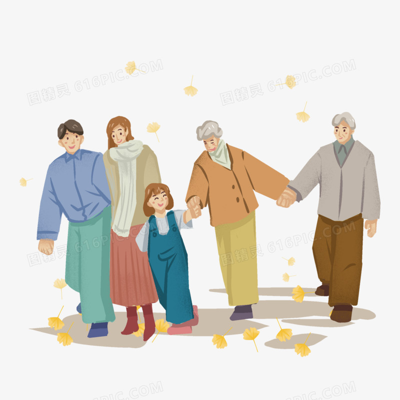 一家人团聚陪伴老人手绘插画元素