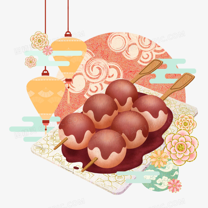 国潮手绘中国风红糖糍粑美食元素