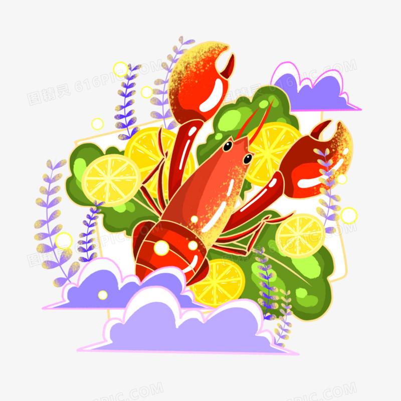 手绘国潮美食小龙虾元素