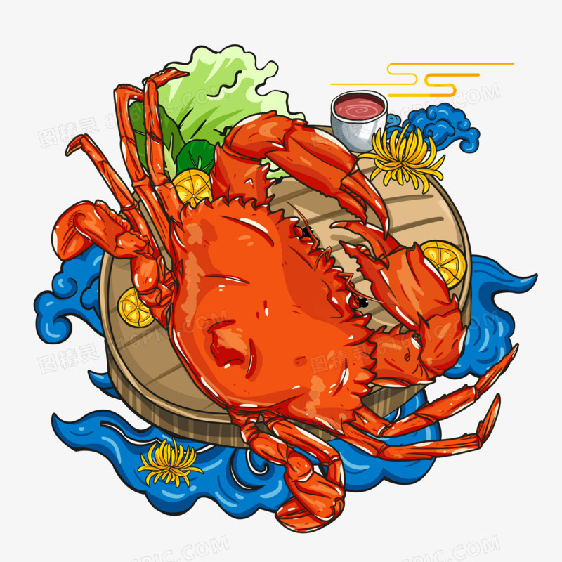 手绘国潮菜肴中国风大闸蟹螃蟹元素