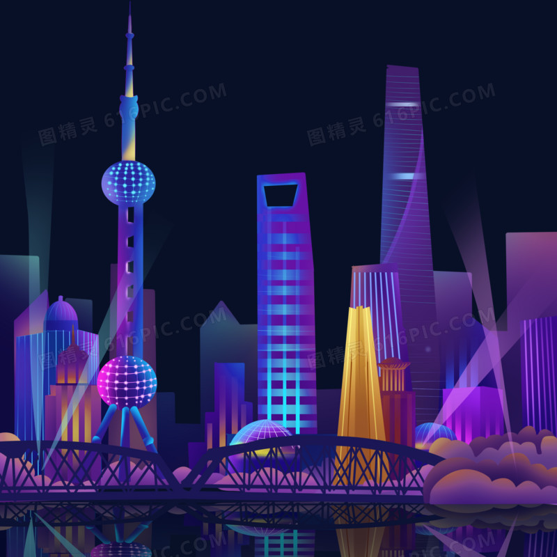 时尚渐变上海城市风光建筑群夜景元素