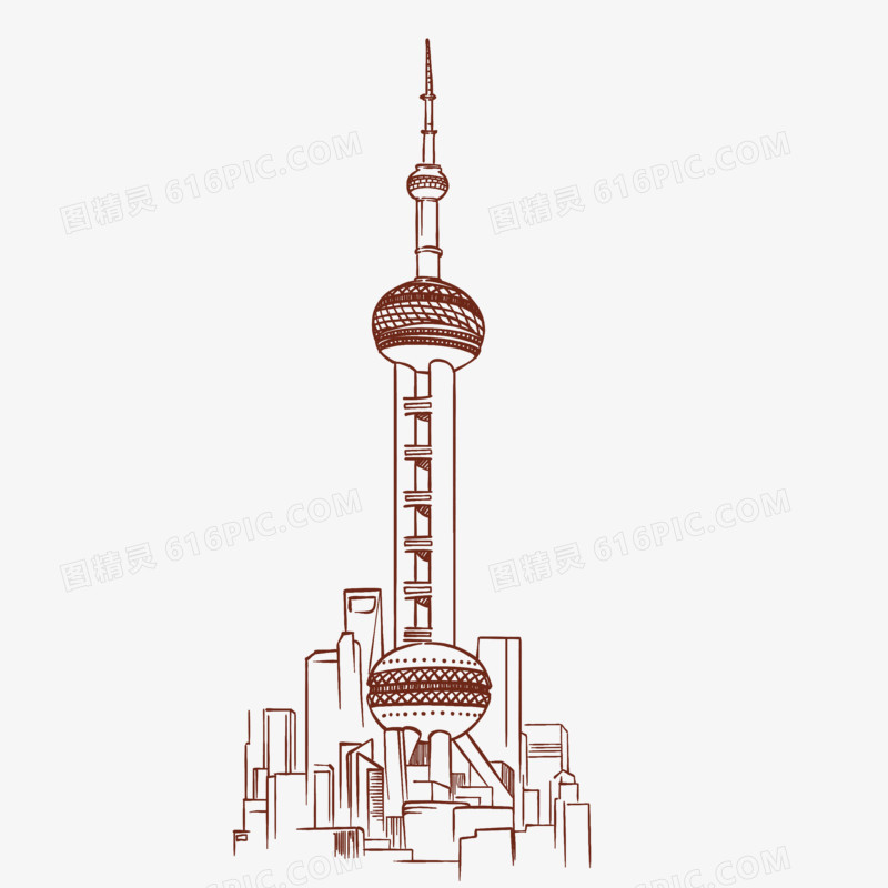 手绘线稿上海标志建筑东方明珠免抠元素