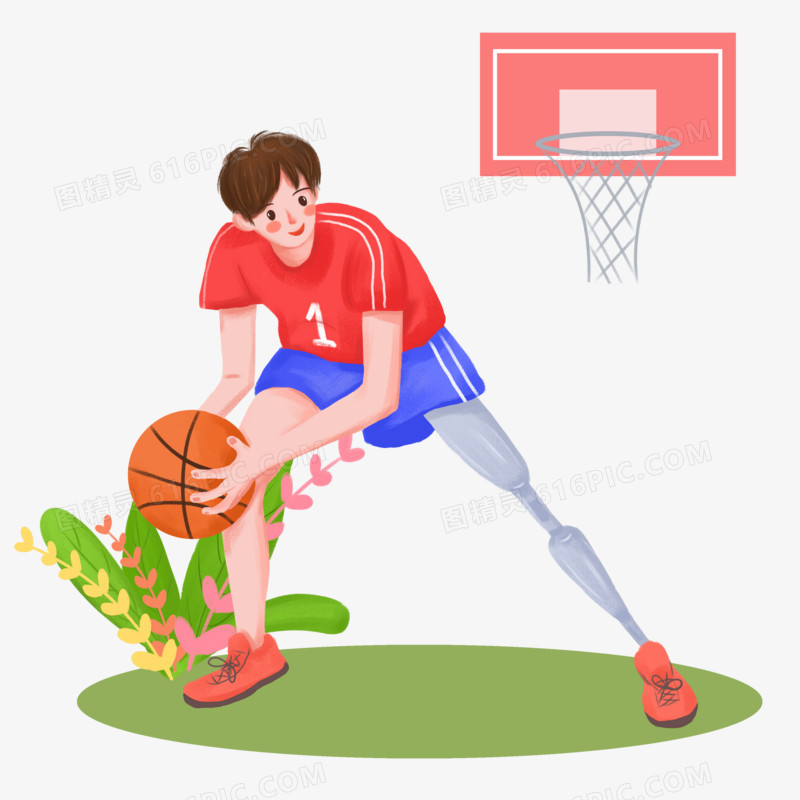 小清新手绘假肢男孩打篮球插画元素
