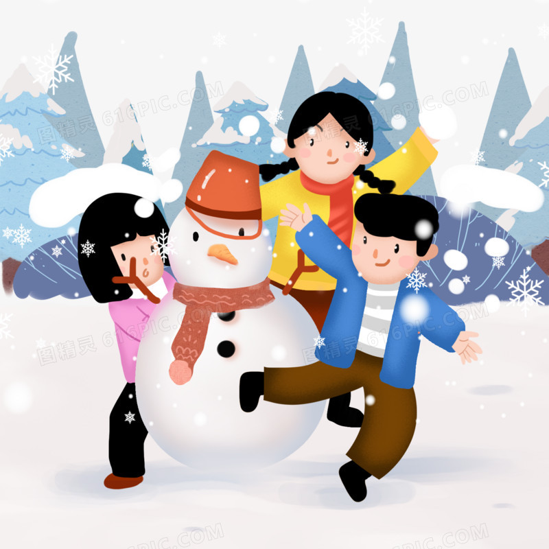 一群小朋友在雪地里打雪仗堆雪人场景元素