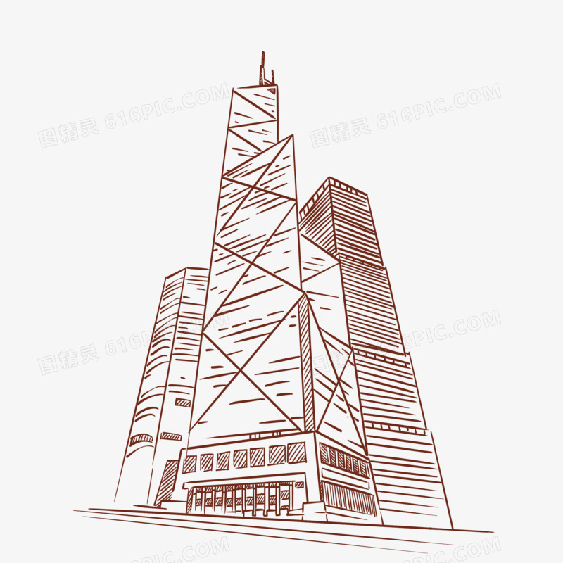 手绘线稿香港中银大厦免抠元素 