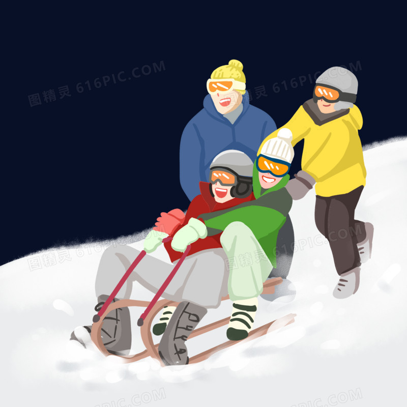 手绘多人滑雪场景素材