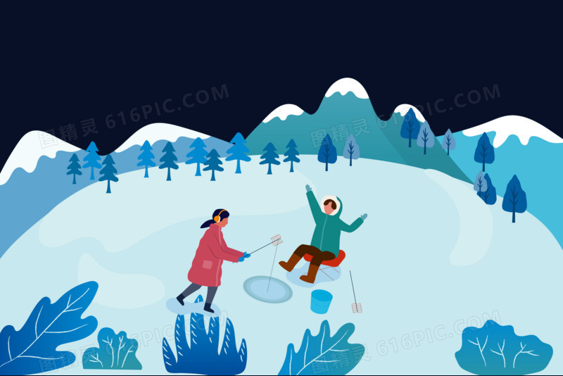  创意矢量冬季朋友在冰湖钓鱼场景