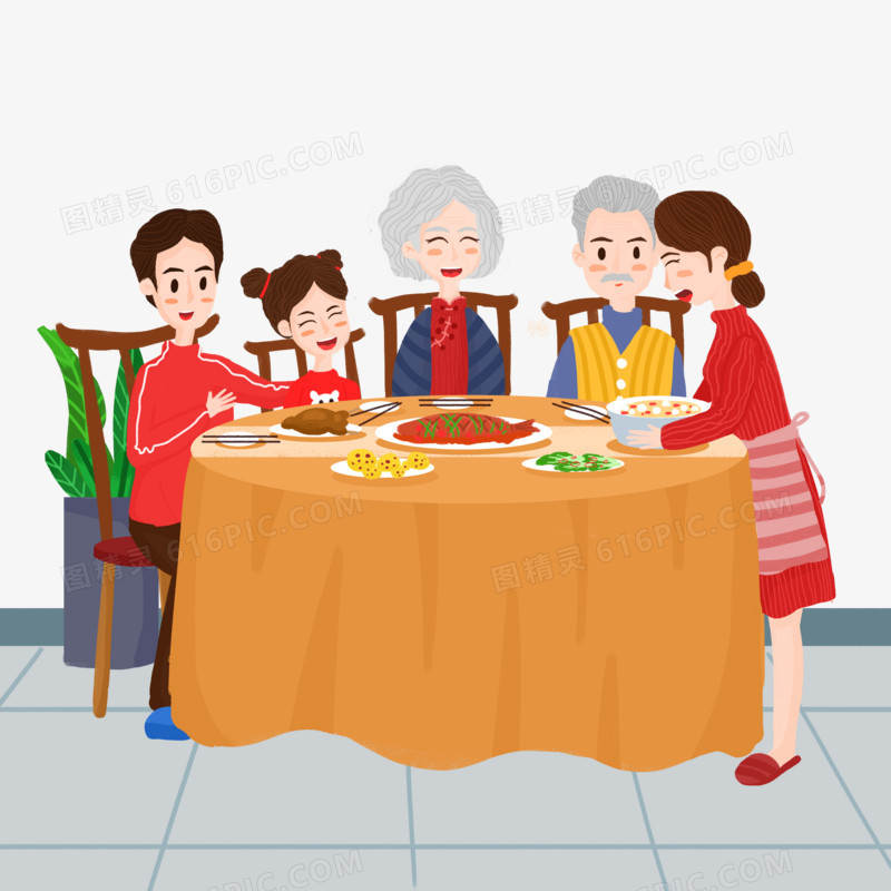 手绘风一家人吃团圆饭场景素材