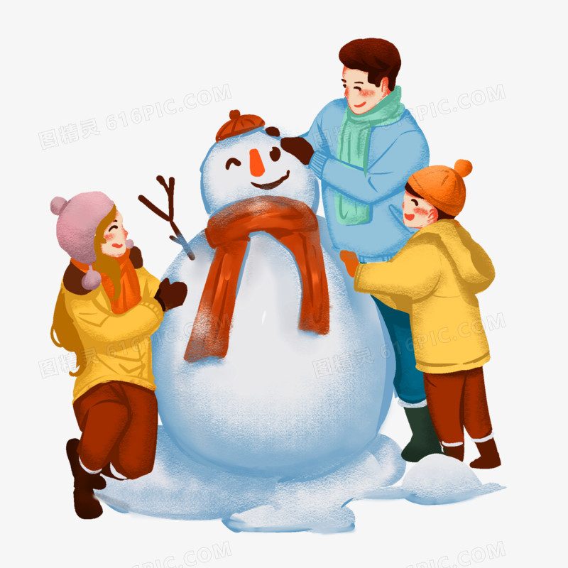 一家人一起堆雪人插画元素