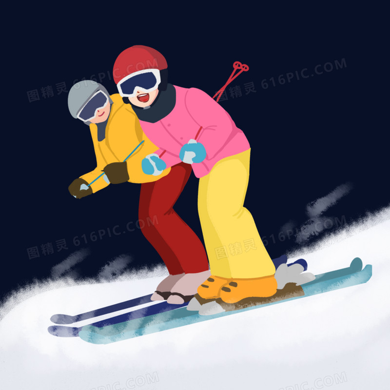 手绘双人滑雪运动人物素材