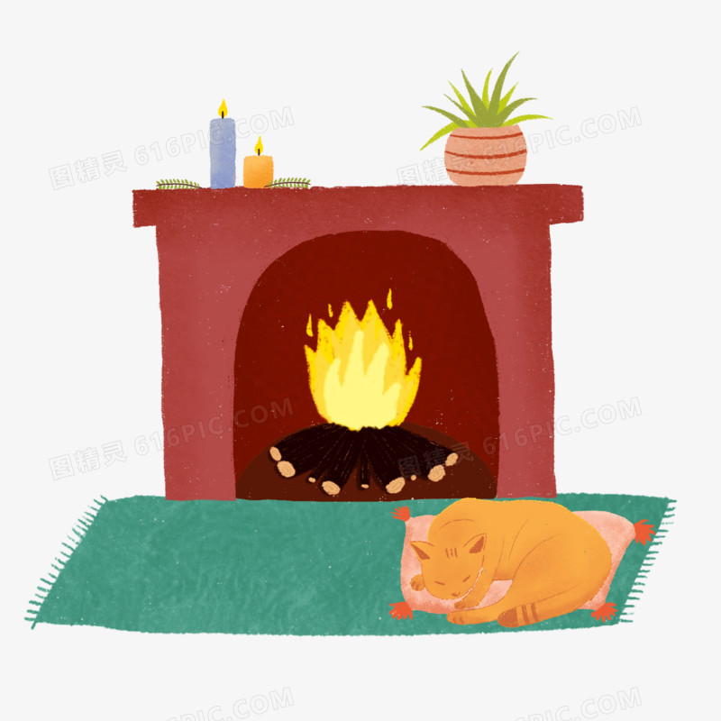 冬天猫猫烤火壁炉取暖场景免抠元素