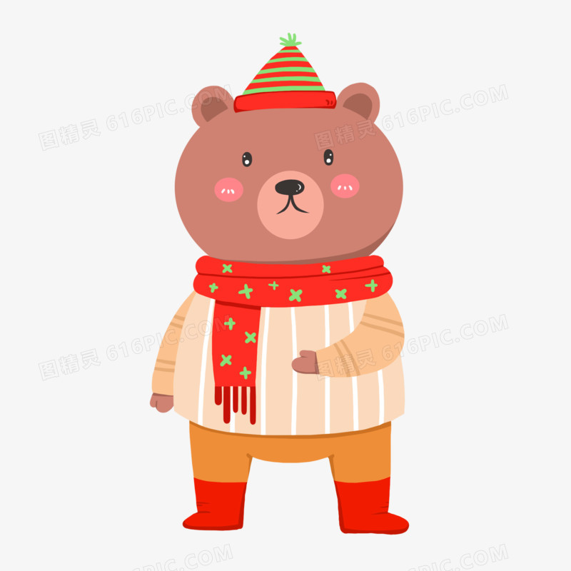 冬天卡通可爱圣诞小棕熊穿毛衣戴帽子元素