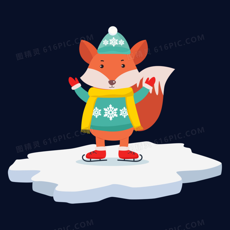 冬季穿毛衣的狐狸滑冰矢量元素