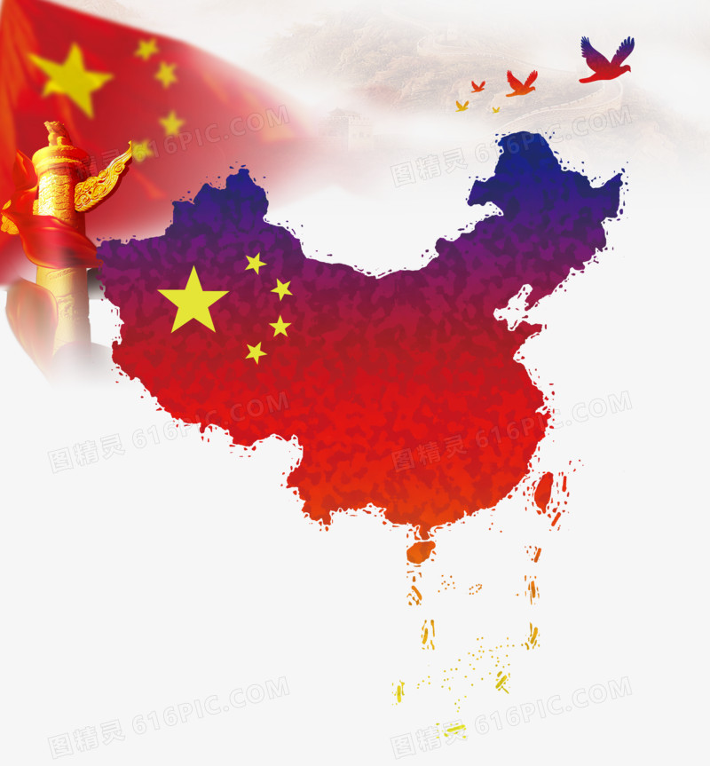 国庆节建党节建军节红色中国地图国旗国柱和平鸽