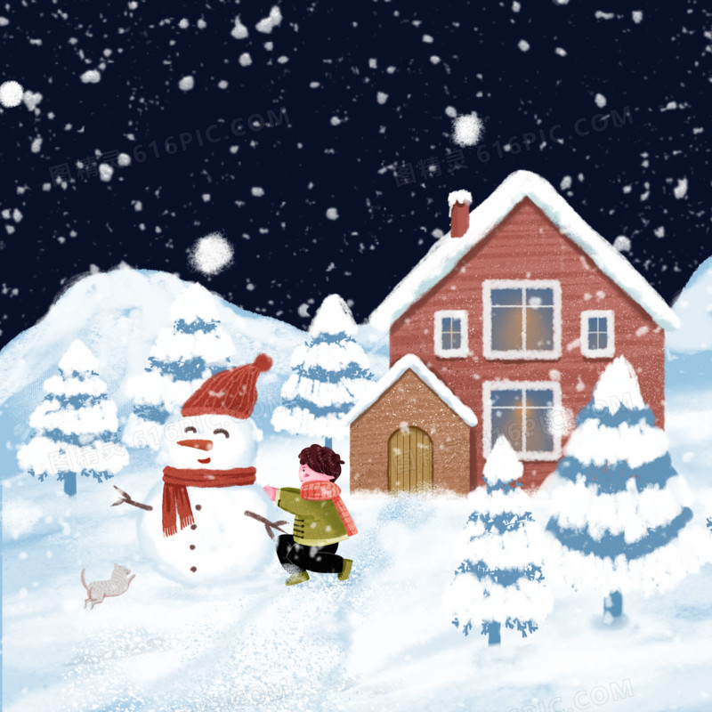 冬天小男孩在室外堆雪人场景元素