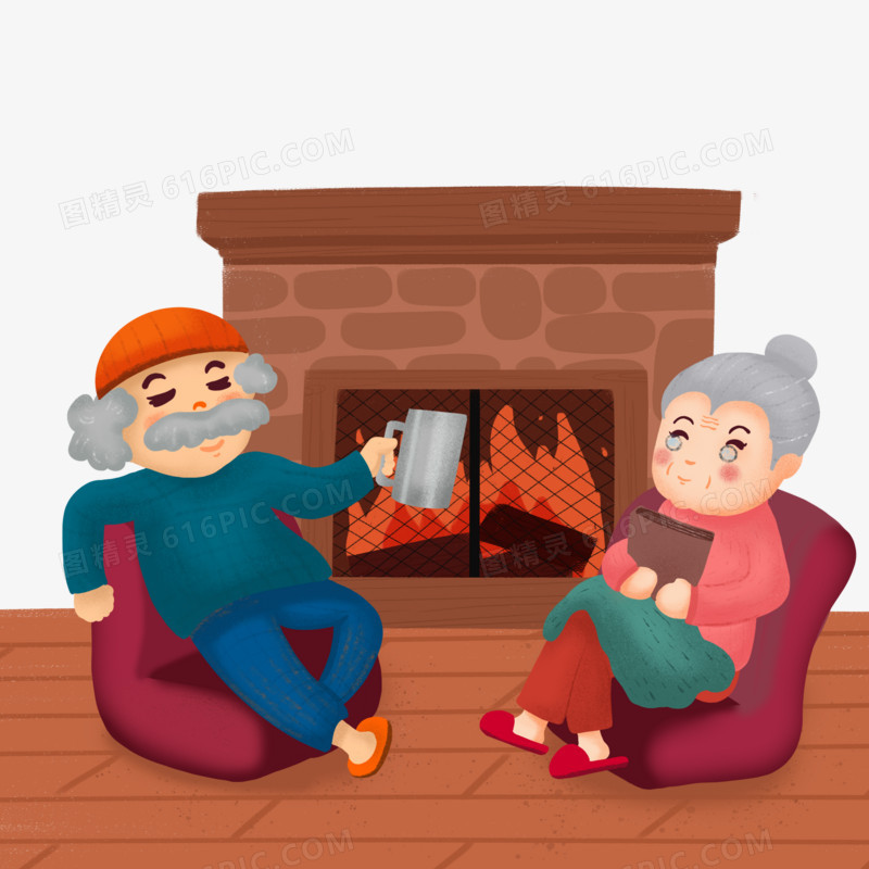 可爱老夫妻冬天壁炉取暖插画元素