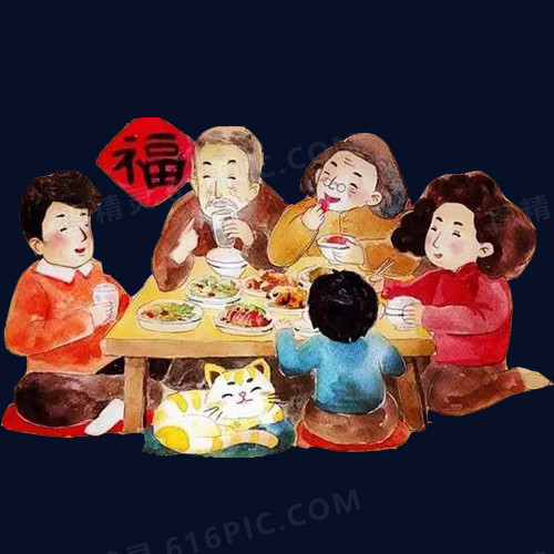 一家人吃年夜饭色彩画