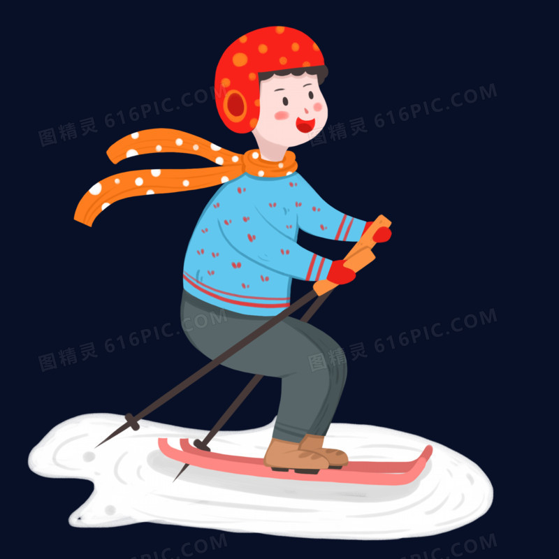 冬天男孩开心的在雪地里滑雪场景元素