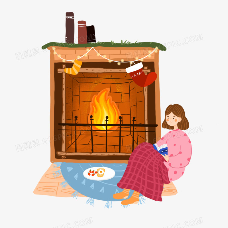 手绘女孩贴着火炉取暖场景元素