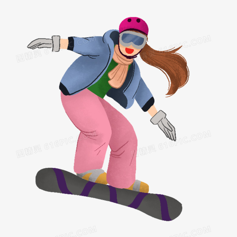 冬天女生滑滑板滑雪场景手绘元素