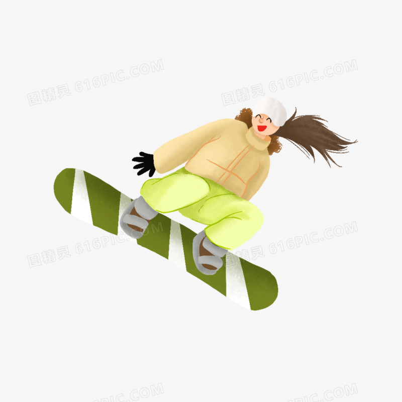 冬天女孩滑滑板滑雪场景手绘元素