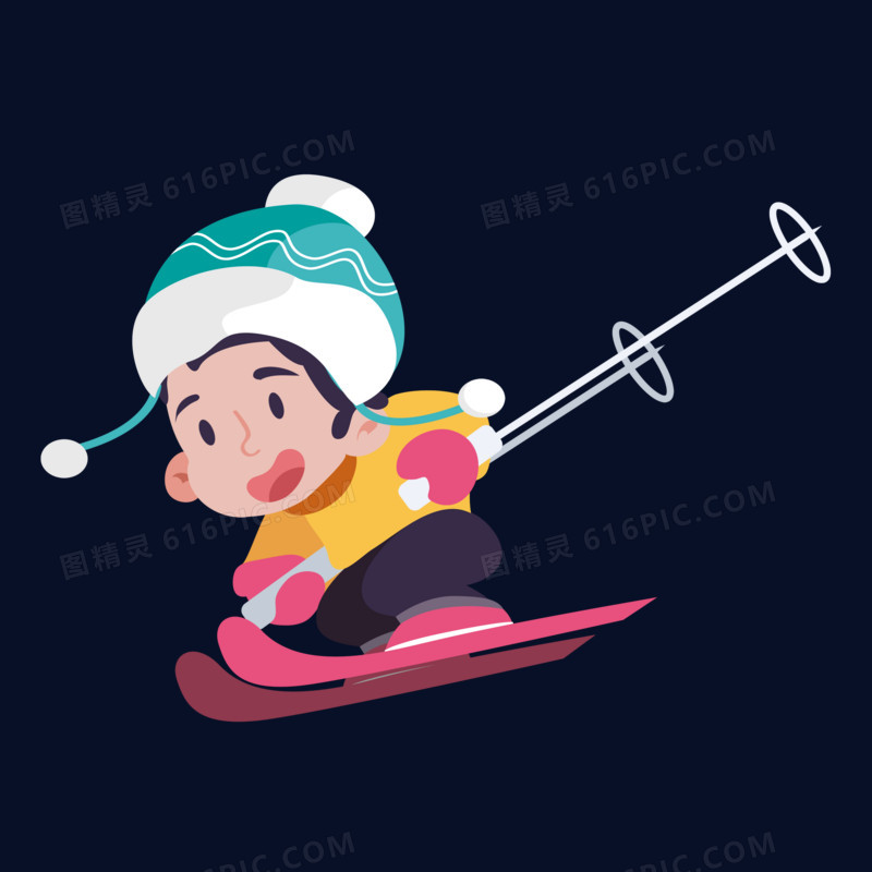 玩滑雪的小男孩手绘插画元素