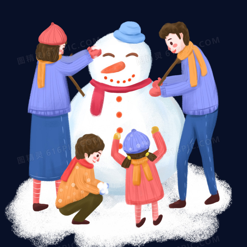 手绘冬天一家人一起堆雪人场景插画元素