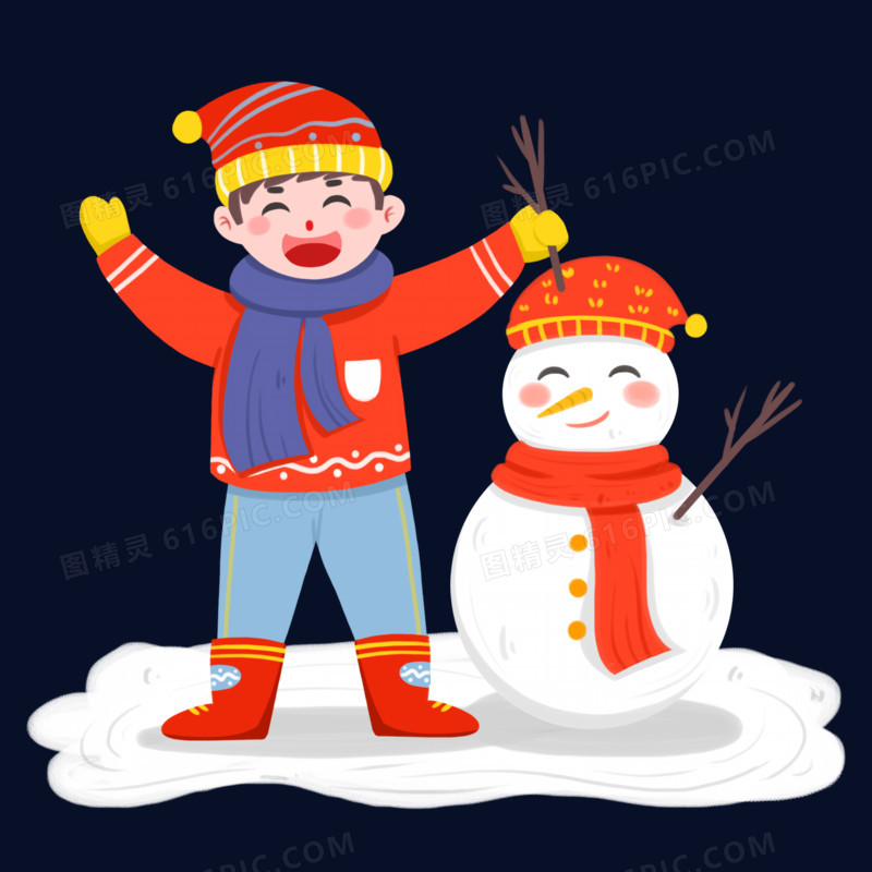 手绘卡通男孩子开心在雪地里堆雪人元素