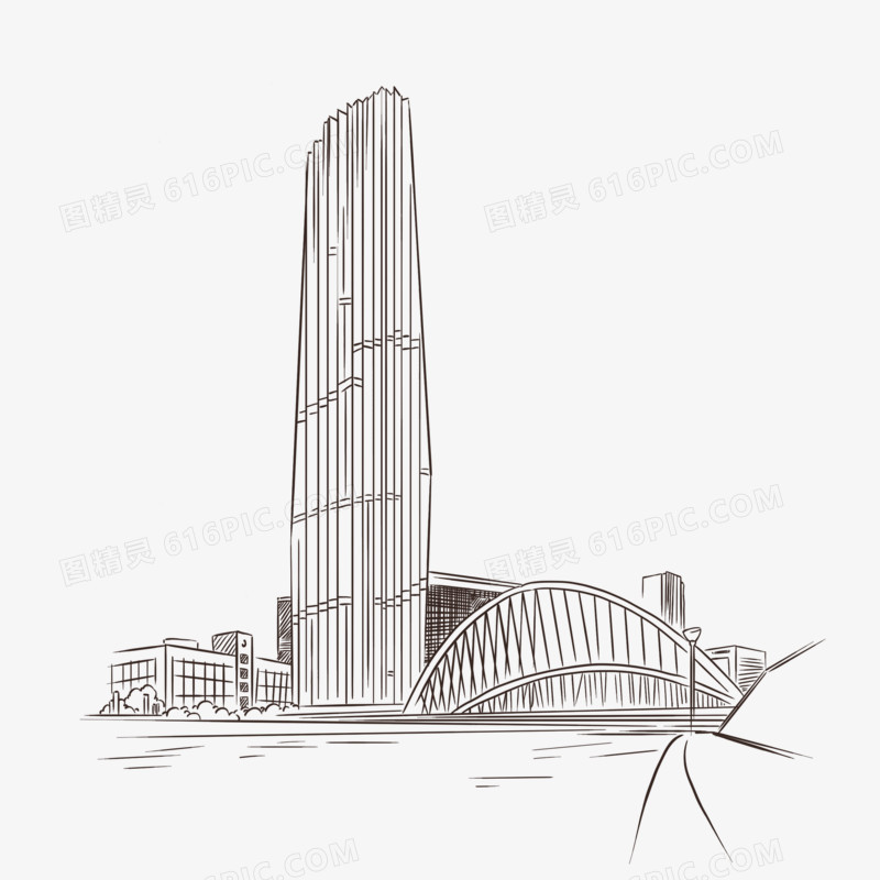 手绘线稿天津国际金融中心免抠元素