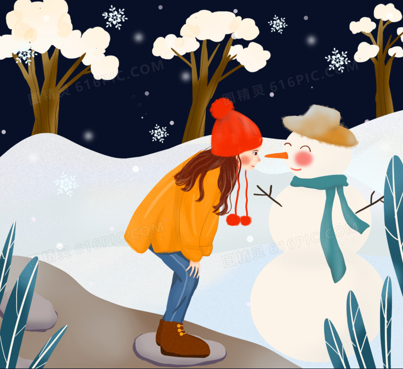手绘冬天女孩在户外和雪人玩耍插画元素