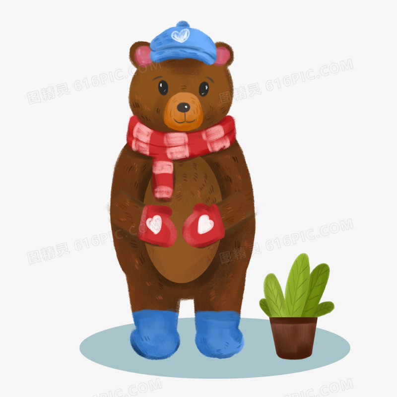 手绘冬天戴围巾手套的小熊插画元素