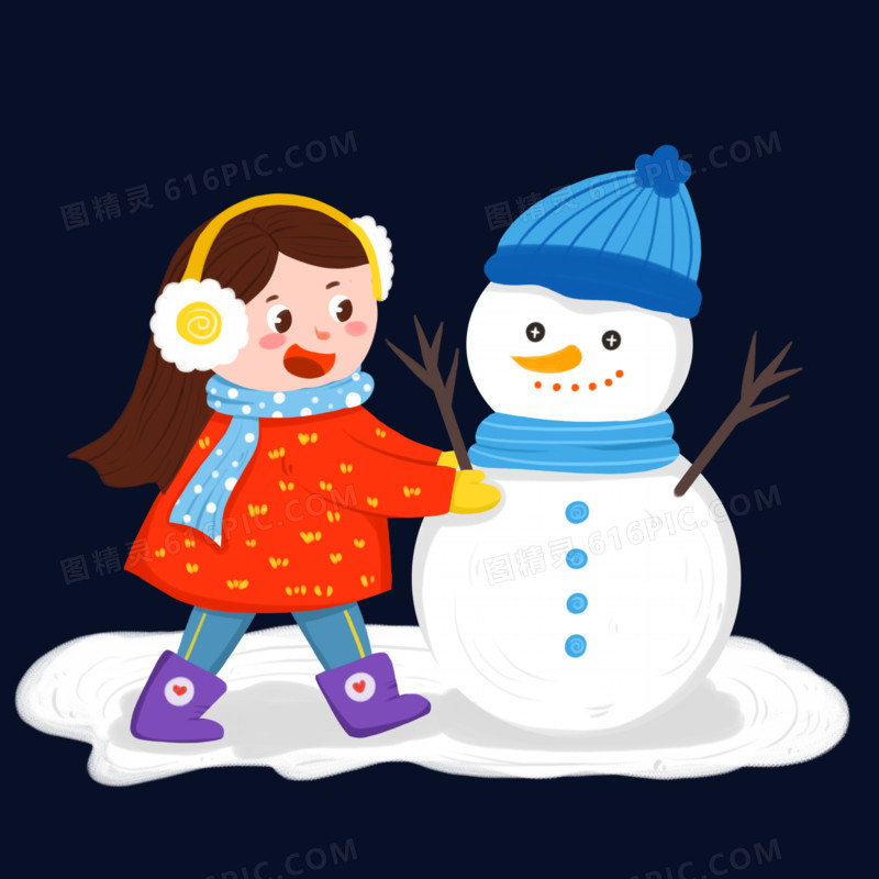 女孩在冬天雪地里堆雪人手绘卡通场景元素
