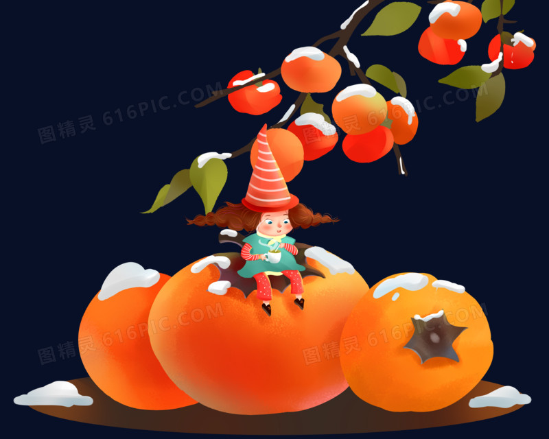 小女孩坐在落霜的柿子上创意冬季节气插画UI埃蒙斯