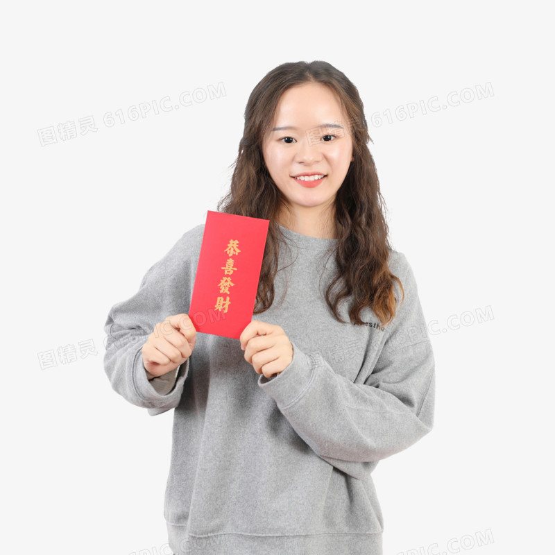 春节女生手拿新年红包免抠元素