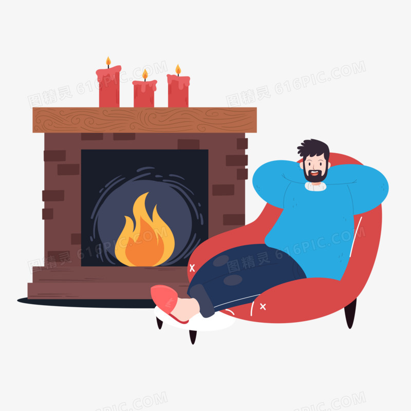 冬天男生躺在壁炉边取暖场景元素