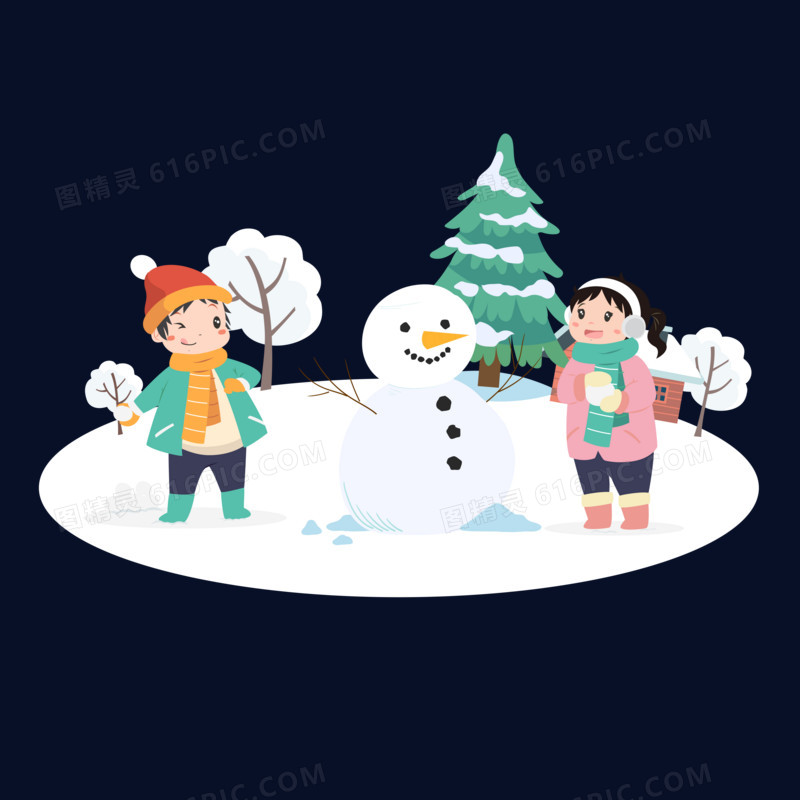 冬天小朋友在雪地堆雪人打雪仗场景元素