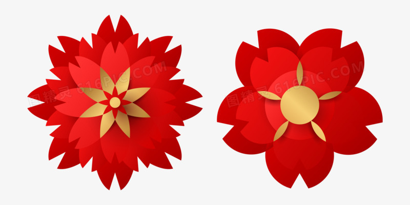 红色国潮花朵免抠装饰矢量元素