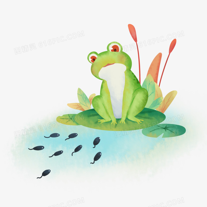 手绘卡通小蝌蚪找青蛙妈妈场景免抠素材