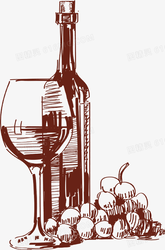 素描手绘红酒瓶高脚玻璃杯