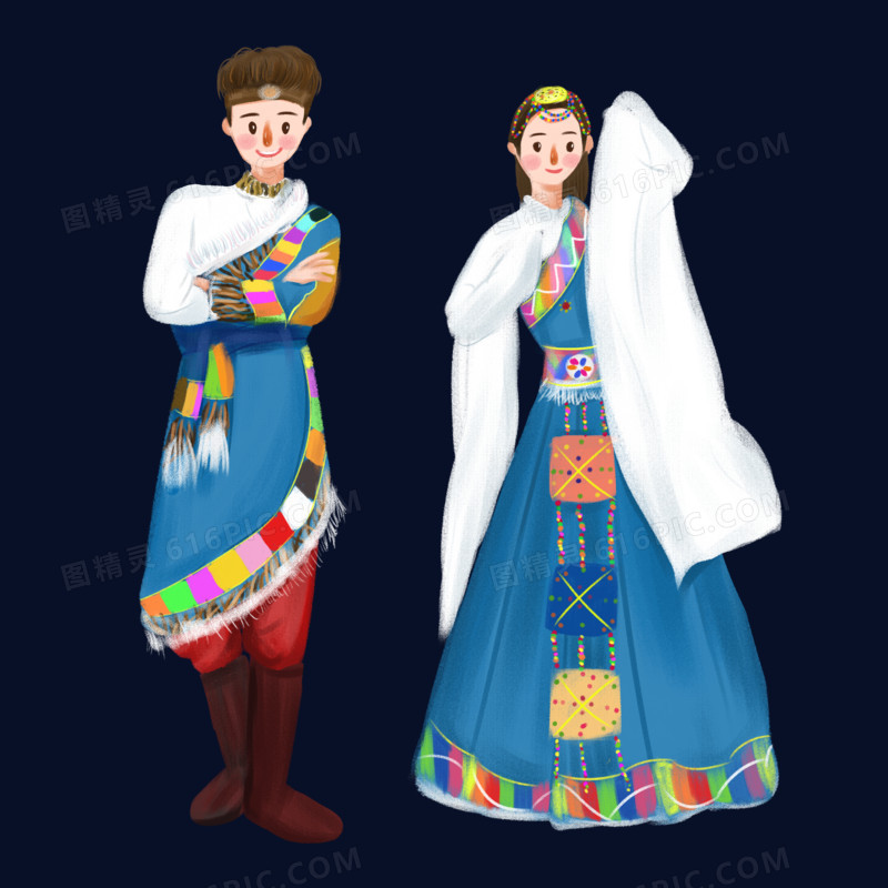 手绘少数民族人物藏族男女形象插画元素