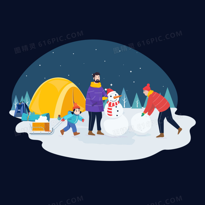 冬令营大人小孩在户外堆雪人场景元素
